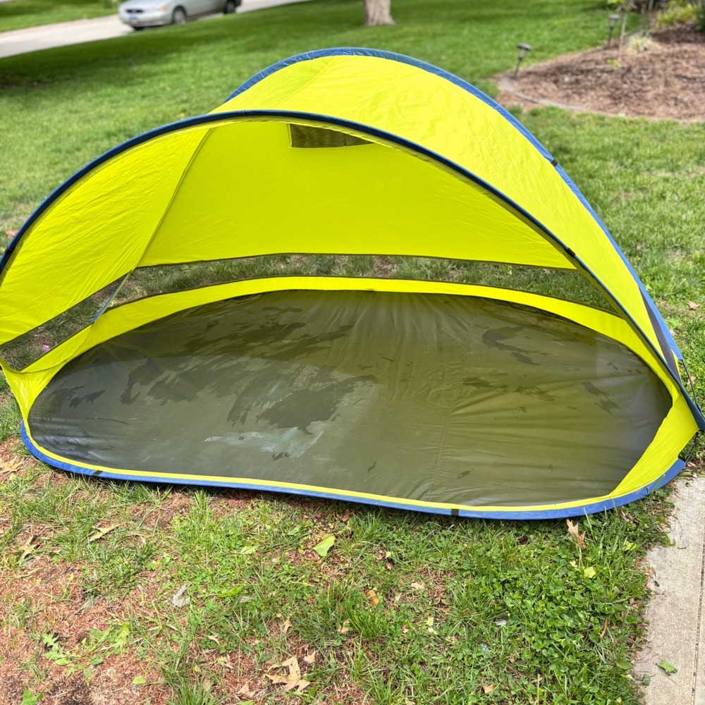 Aldi Crane Pop Up Sun Shelter Neon Yellow Blue Beach Tent 814196 72x37 Inch
